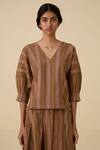 Buy_The Summer House_Brown Handwoven Linen Cotton Stripe V Neck Faizaan Detailed Top With Skirt _Online_at_Aza_Fashions