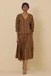 The Summer House_Brown Handwoven Linen Cotton Stripe V Neck Faizaan Detailed Top With Skirt _at_Aza_Fashions