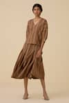 Shop_The Summer House_Brown Handwoven Linen Cotton Stripe Faizaan Detailed Skirt _at_Aza_Fashions