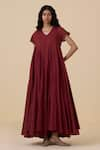 Buy_The Summer House_Red Cotton Voile Solid V Neck Hadil Berry Dress _at_Aza_Fashions