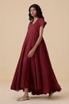 The Summer House_Red Cotton Voile Solid V Neck Hadil Berry Dress _Online_at_Aza_Fashions