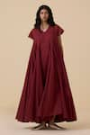 Buy_The Summer House_Red Cotton Voile Solid V Neck Hadil Berry Dress _Online_at_Aza_Fashions