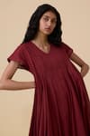 The Summer House_Red Cotton Voile Solid V Neck Hadil Berry Dress _at_Aza_Fashions