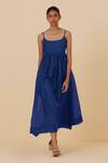 Buy_The Summer House_Blue Cotton Silk Solid Round Hamza Midi Dress _at_Aza_Fashions