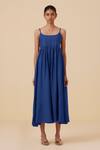 The Summer House_Blue Cotton Silk Solid Round Hamza Midi Dress _Online_at_Aza_Fashions