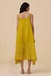 Shop_The Summer House_Yellow Handwoven Chanderi Hand Embroidered Geometric V Inaya Asymmetric Dress _at_Aza_Fashions