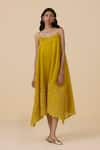 Buy_The Summer House_Yellow Handwoven Chanderi Hand Embroidered Geometric V Inaya Asymmetric Dress _Online_at_Aza_Fashions