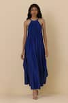 The Summer House_Blue Cotton Silk Solid High Iram Ruched Midi Dress _Online_at_Aza_Fashions