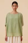 The Summer House_Green Cotton Silk Solid Round Kosh Cape Top _Online_at_Aza_Fashions