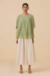 The Summer House_Green Cotton Silk Solid Round Kosh Cape Top _at_Aza_Fashions