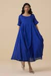 Buy_The Summer House_Blue Cotton Silk Plain Boat Neck Latifa Dress _at_Aza_Fashions