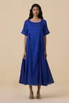 The Summer House_Blue Cotton Silk Plain Boat Neck Latifa Dress _Online_at_Aza_Fashions