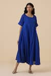 The Summer House_Blue Cotton Silk Plain Boat Neck Latifa Dress _at_Aza_Fashions