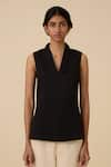 The Summer House_Black Wool Cotton Plain Collar Maira Waistcoat _Online_at_Aza_Fashions