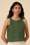 Buy_The Summer House_Green Linen Cotton Embroidery Thread Round Olena Floral Crop Top _at_Aza_Fashions