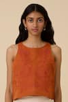 Buy_The Summer House_Orange Linen Cotton Embroidery Thread Round Olena Crop Top _at_Aza_Fashions