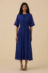 The Summer House_Blue Cotton Silk Plain Round Parina Dress _Online_at_Aza_Fashions