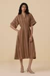 Buy_The Summer House_Brown Handwoven Linen Cotton Stripe Collar Qirat Pattern Dress _at_Aza_Fashions