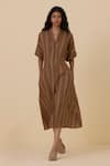 The Summer House_Brown Handwoven Linen Cotton Stripe Collar Qirat Pattern Dress _Online_at_Aza_Fashions