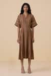 The Summer House_Brown Handwoven Linen Cotton Stripe Collar Qirat Pattern Dress _at_Aza_Fashions