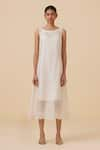 The Summer House_White Handwoven Chanderi Embroidery Thread Boat Neck Reyah Floral Border Dress _Online_at_Aza_Fashions