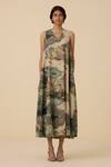 The Summer House_Green Cotton, Voile V-neck Riaz Garden Print Dress_Online_at_Aza_Fashions