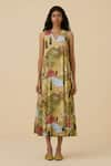 The Summer House_Yellow Organic Cotton Voile Printed Garden V Neck Riaz Floral Dress _Online_at_Aza_Fashions