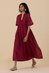 Buy_The Summer House_Red Organic Cotton Voile Embroidery Thread Plunge V Sabah Floral Placket Dress _Online_at_Aza_Fashions