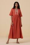 Buy_The Summer House_Orange Organic Cotton Voile Embroidery Thread Plunge V Sabah Placket Dress _at_Aza_Fashions