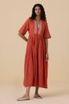 The Summer House_Orange Organic Cotton Voile Embroidery Thread Plunge V Sabah Placket Dress _Online_at_Aza_Fashions