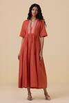 Buy_The Summer House_Orange Organic Cotton Voile Embroidery Thread Plunge V Sabah Placket Dress _Online_at_Aza_Fashions