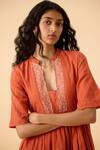 Buy_The Summer House_Orange Organic Cotton Voile Embroidery Thread Plunge V Sabah Placket Dress 