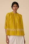 Buy_The Summer House_Yellow Handwoven Chanderi Embroidery Thread Band Collar Sabeena Floral Top _at_Aza_Fashions