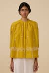 The Summer House_Yellow Handwoven Chanderi Embroidery Thread Band Collar Sabeena Floral Top _Online_at_Aza_Fashions