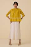 The Summer House_Yellow Handwoven Chanderi Embroidery Thread Band Collar Sabeena Floral Top _at_Aza_Fashions