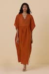 The Summer House_Orange Linen Cotton Embroidery Thread V Neck Safa Floral Kaftan Dress _Online_at_Aza_Fashions