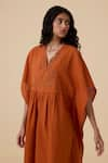 The Summer House_Orange Linen Cotton Embroidery Thread V Neck Safa Floral Kaftan Dress _at_Aza_Fashions