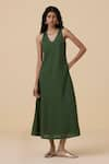 Buy_The Summer House_Green Linen Cotton Plain V Neck Dress _at_Aza_Fashions