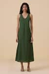 The Summer House_Green Linen Cotton Plain V Neck Dress _Online_at_Aza_Fashions