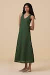 Buy_The Summer House_Green Linen Cotton Plain V Neck Dress _Online_at_Aza_Fashions