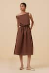 Shop_The Summer House_Brown Linen Cotton Plain Asymmetric Salma Dress _Online_at_Aza_Fashions