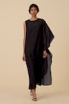 Buy_The Summer House_Black Cotton Silk Plain Round Sansa One Shoulder Draped Dress _at_Aza_Fashions