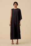 The Summer House_Black Cotton Silk Plain Round Sansa One Shoulder Draped Dress _Online_at_Aza_Fashions