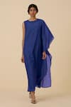 Buy_The Summer House_Blue Cotton Silk Plain Round Sansa Asymmetric Draped Dress _at_Aza_Fashions