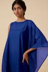 The Summer House_Blue Cotton Silk Plain Round Sansa Asymmetric Draped Dress _Online_at_Aza_Fashions