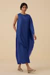 Shop_The Summer House_Blue Cotton Silk Plain Round Sansa Asymmetric Draped Dress _Online_at_Aza_Fashions