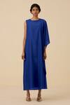 The Summer House_Blue Cotton Silk Plain Round Sansa Asymmetric Draped Dress _at_Aza_Fashions