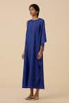 Buy_The Summer House_Blue Cotton Silk Plain Round Sansa Asymmetric Draped Dress 