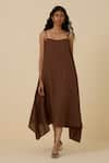 Buy_The Summer House_Brown Linen Cotton Plain Straight Neck Talib Dress _at_Aza_Fashions