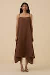 The Summer House_Brown Linen Cotton Plain Straight Neck Talib Dress _Online_at_Aza_Fashions